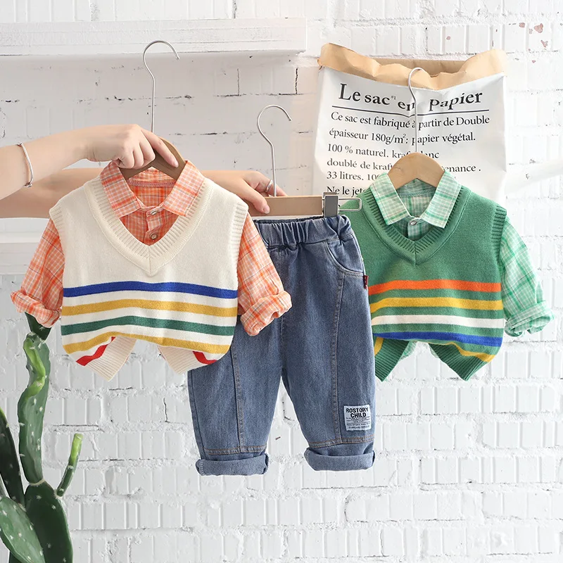 

OLEKID 2022 Autumn Korean Infant Baby Boys 3PCS Clothes Set Striped Sweater Vest Plaid Shirt Jeans Pants Children Boys Suit