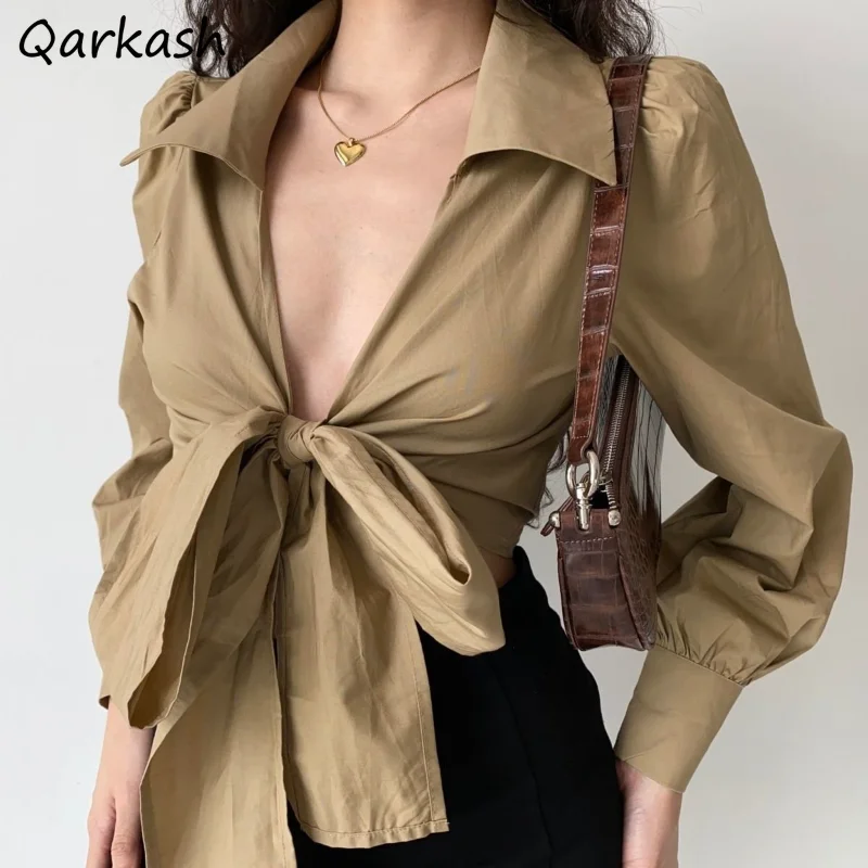 

Blouses Women Autumn Lace-up Casual Korean Style Fashion Solid Khaki Simple Lantern Sleeve All-match Elegant Chic New Sexy Crop
