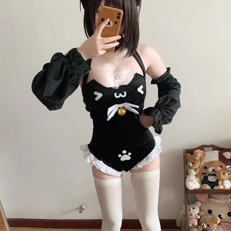 Милое боди Neko для девочек с лямкой на шее и большим бантом на спине, женское облегающее боди без рукавов с рюшами в стиле пэчворк, кошка-горничная, косплей, униформа Sukumizu (art.: 3920cb93cd35c) - 3920cb93cd35c