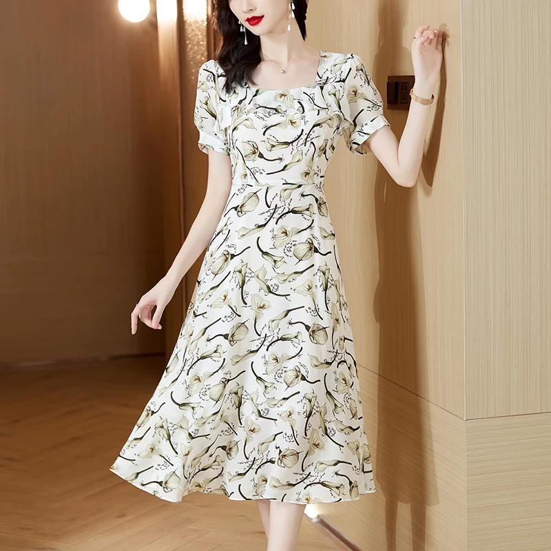 

2022 Summer new high-end silk bubble sleeve dress women design thin print dress