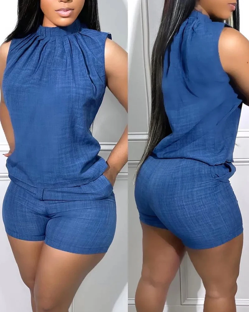 

Two Piece Suit Sets Fashion Women Round Neck Sexy Wear Ruched Sleeveless Tank Top & Pocket Design Shorts Set