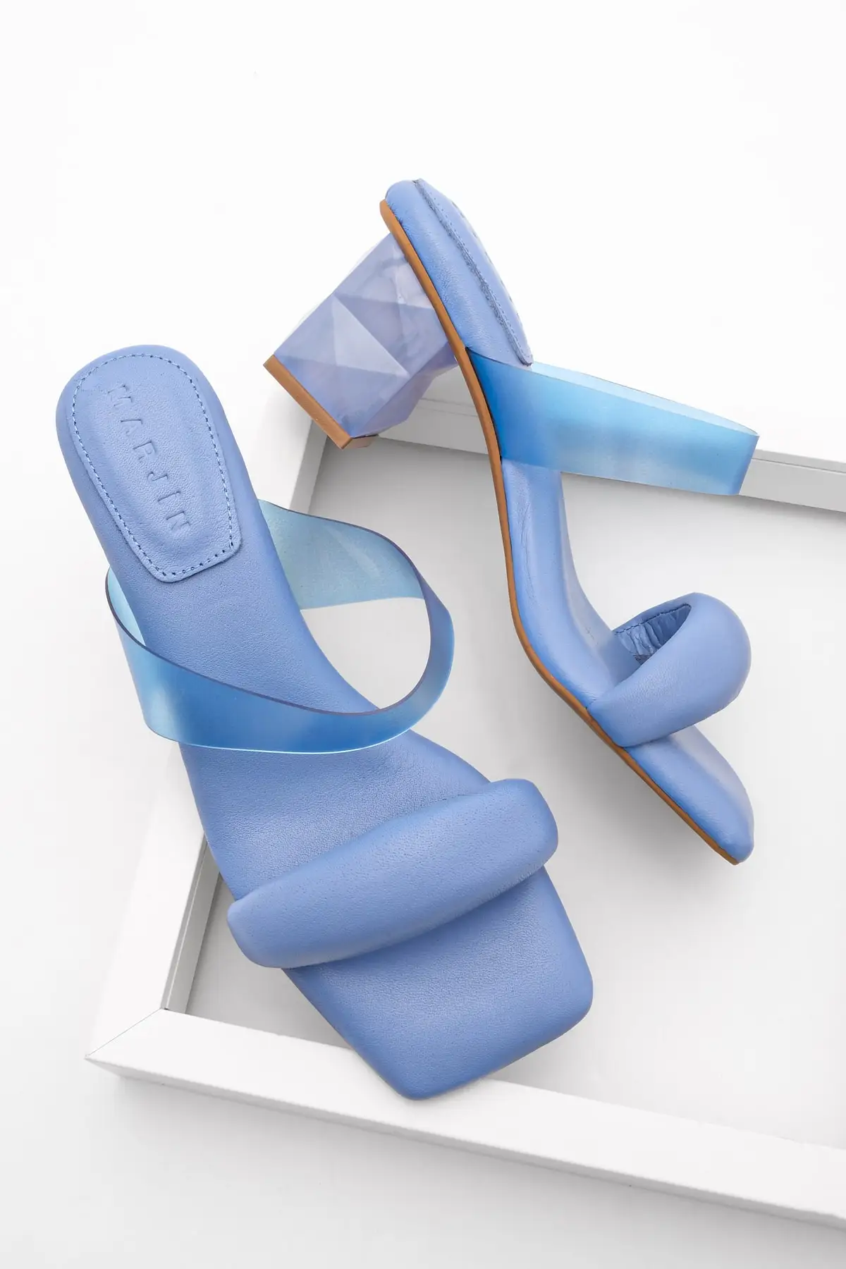 

Women genuine leather Memory base transparent banded heels slippers Rolez blue