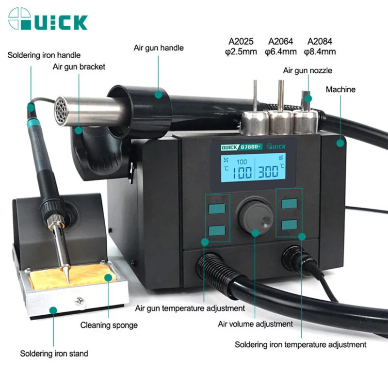 

QUICK 8786D+ Lead Free Heat Solder Station Hot Air Gun Electric Soldering Iron For Phone Screen Motherboard Repair Tool