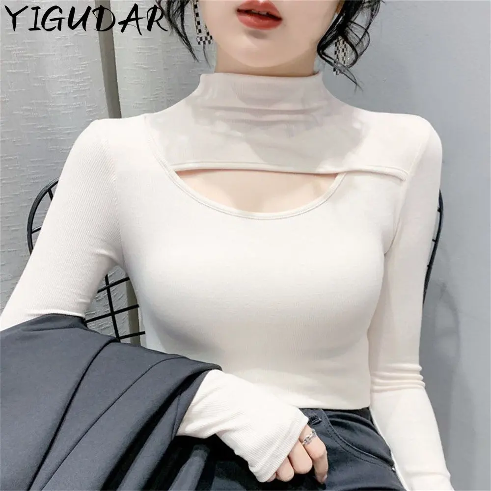

korean fashion Women's Sexy Long Sleeve T-shirt Stylish Chest Hollow Out Slimming Casual Versatile Cropped Top women shirt