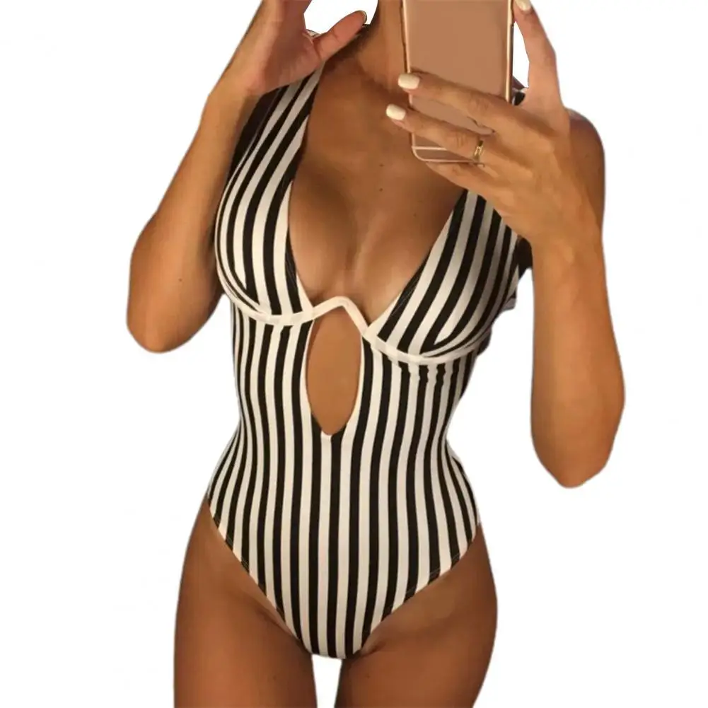 

Popular Hollow Out Stripe Print Summer Monokini Summer Swimwear Lightweight Sexy