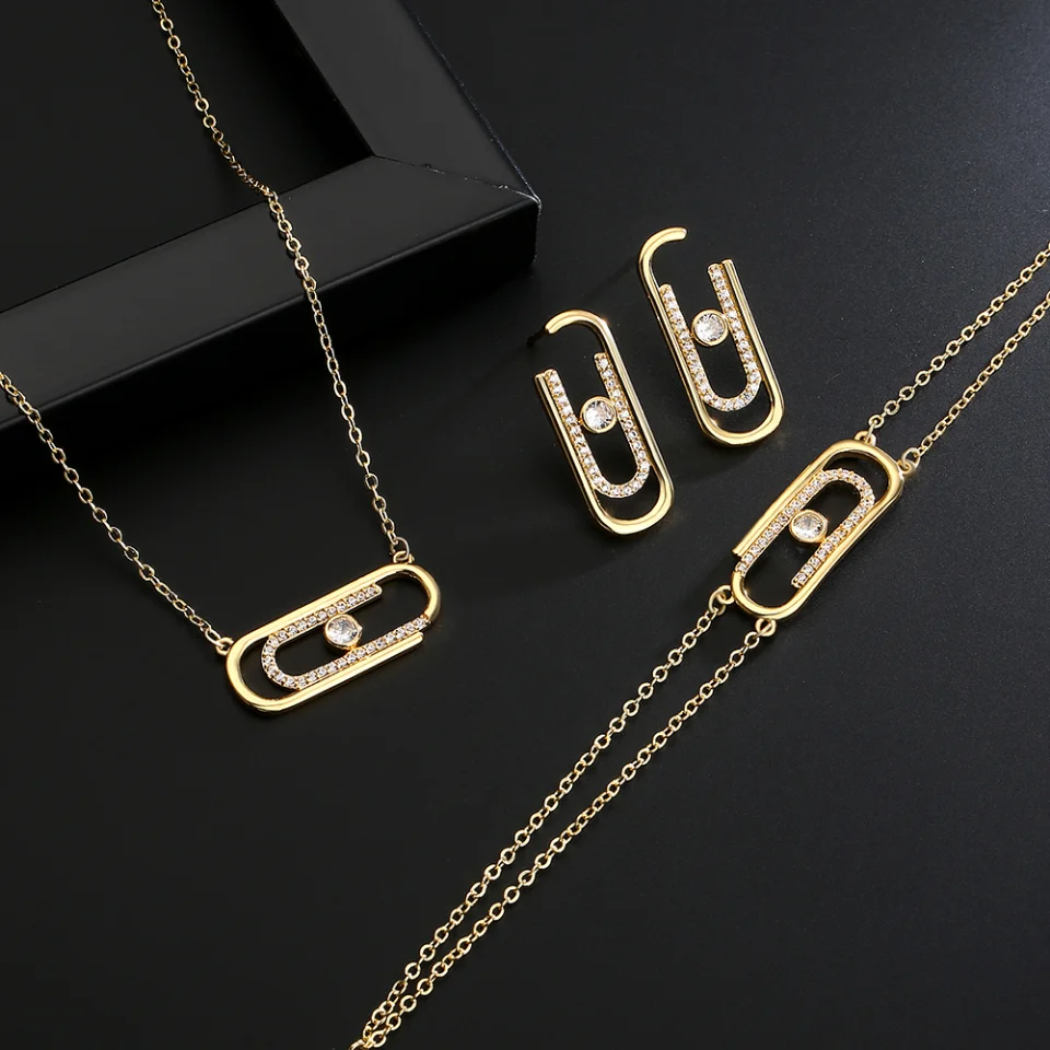 

RAKOL Paper Clip Jewelry Sets for Women Oval Geometric Cubic Zirconia Pendant Necklace Bracelet Earrings Lady's Anniversary Gift