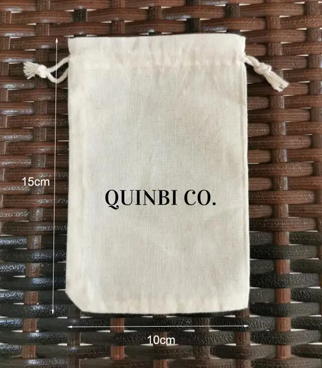 

200 Pieces 10x15cm Natural Cotton Bags Drawstring Pouches Printed With Black Logo
