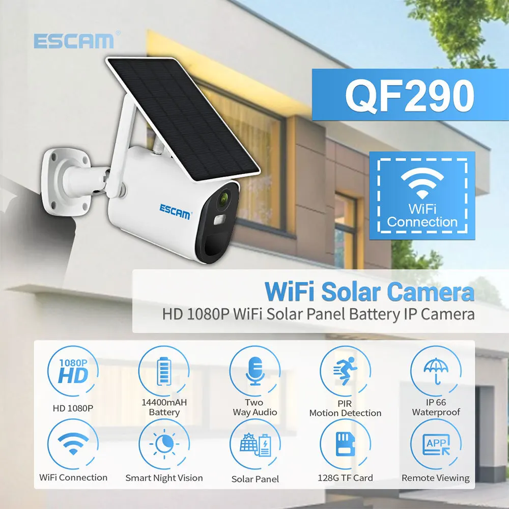

ESCAM QF290 1080P Cloud Storage WIFI Battery PIR Alarm IP Camera With Solar Panel Full Color Night Vision Two Way Audio IP66