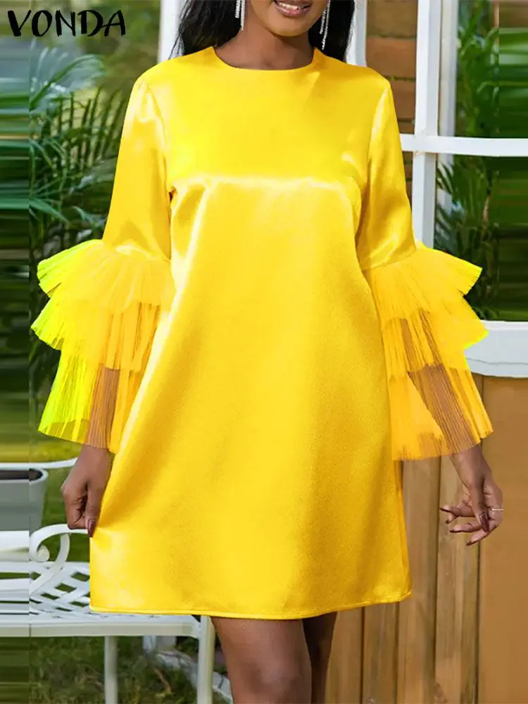 Женское платье-мини VONDA 2024 богемное атласное шелковое платье с длинным рукавом и