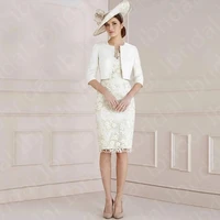 new classic ivory lace mother dresses knee length wedding party gowns short with jacket mother of the groom dress round neckline