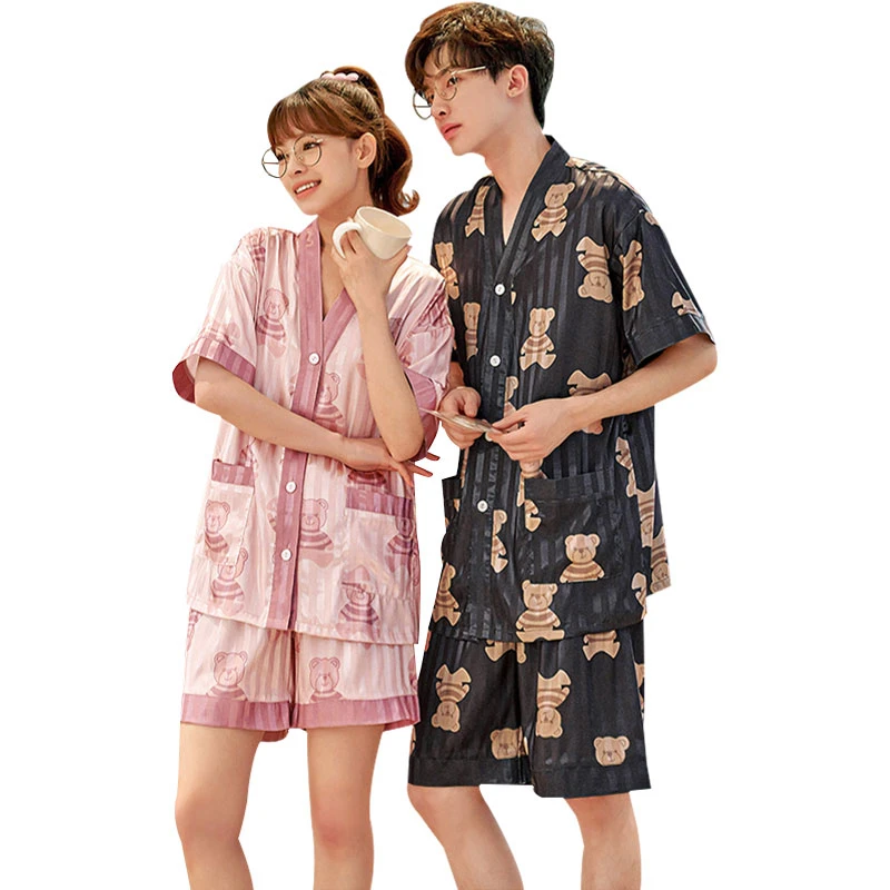 Summer Adult Pajama Sets Women Men Pijama Suit V-Neck Silk Cartoon Bear Korean Loose Pyjama Home Couple Sleepwear Clothes
