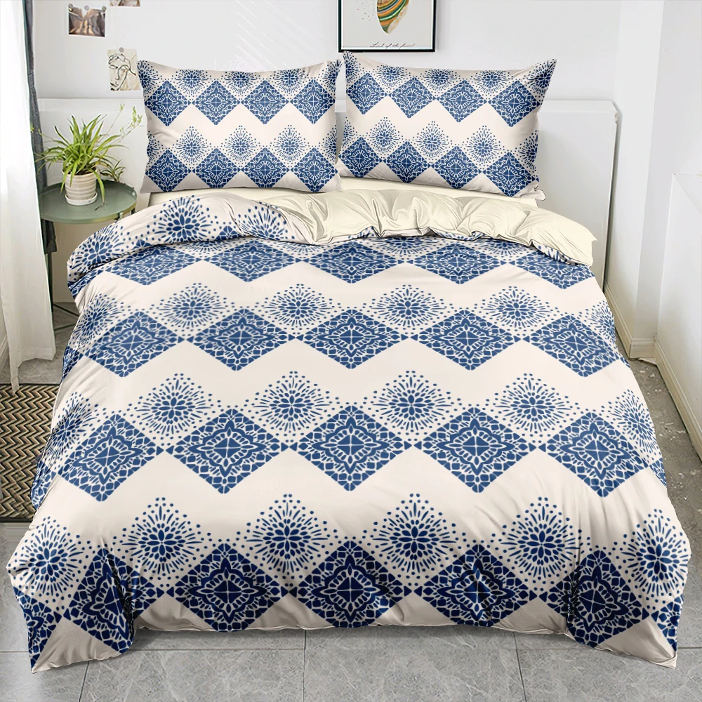 

Bedding Sets Classic Blue Square Duvet Cover Quilt Shell Comforter Cover Sets Simple Cream Bed Linen Set King Queen Double Twin