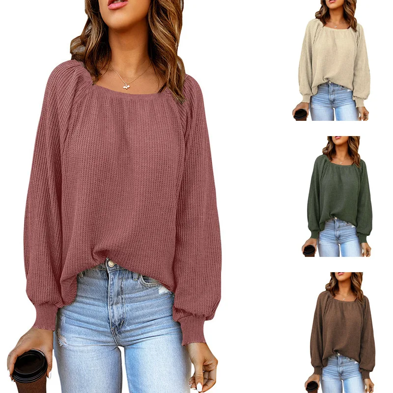 

2022 spring and autumn new women's clothing solid color square collar loose casual knitted sweater top women's clothing