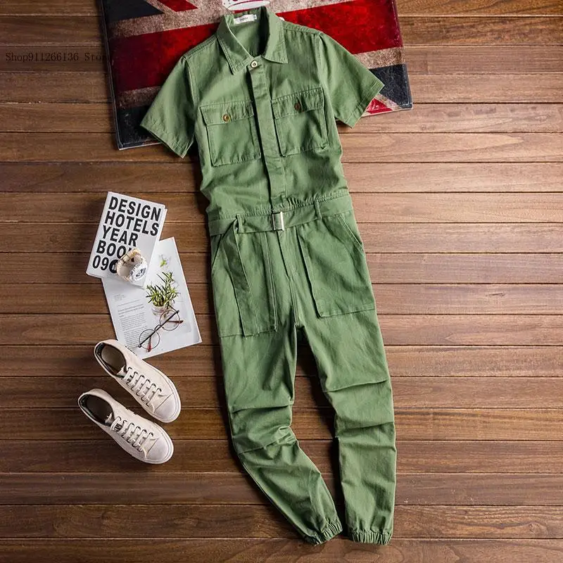 Men's Jumpsuit Loose Cargo Pants Green Black Freight Trousers Long Sleeve Lapel Beam Feet Cotton Overalls Hip Hop Streetwear | Мужская