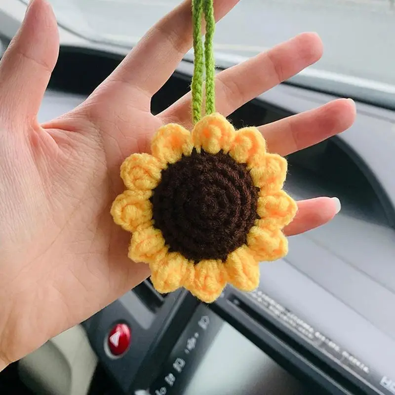 

Car Ornament Car Rearview Mirror Sunflower Hangings Pendant Crochet Knitting Flowers Car Interior Decoration Accessories