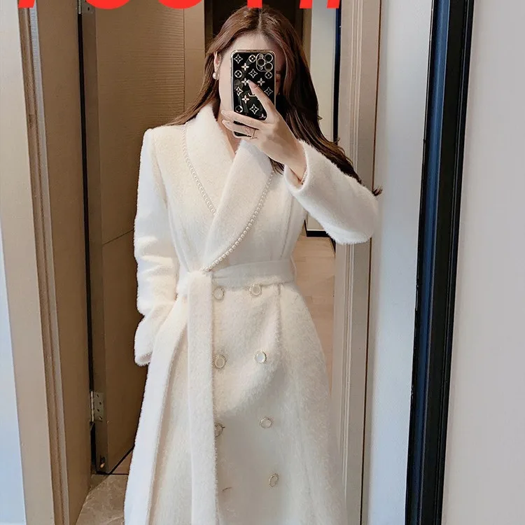 

White Tweed Coat Women's Autumn and Winter 2023 New Mid-length Tweed Temperament Coat