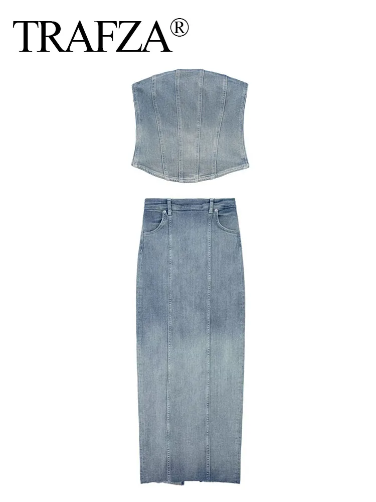 

TRAFZA 2023 Female Fashion Vintage Denim Tight Tops+High Waist Blue Gradient Pocket Design Stitching Skirt Vintage 2 Piece Set