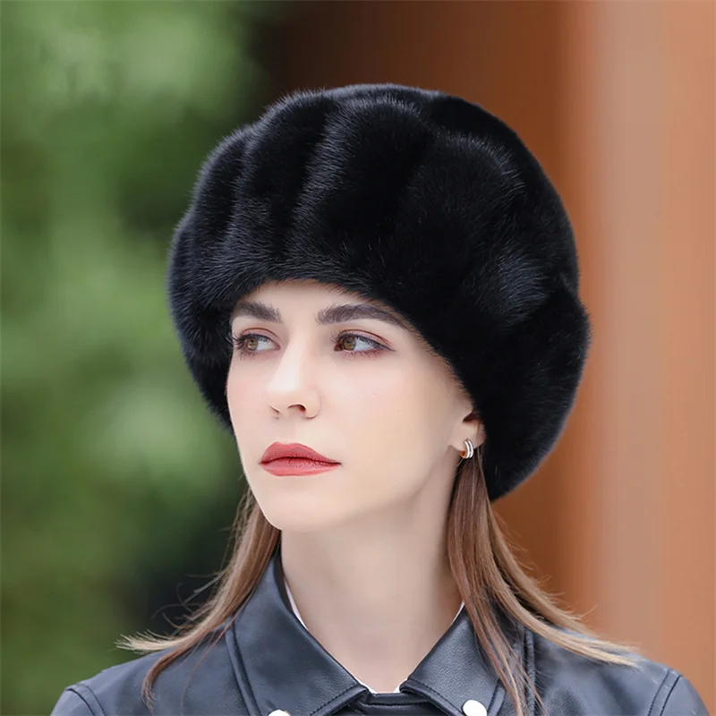 Best-selling 2023 New Women's Fur Hat Russian Luxury 100% Natural Mink Straw Hat Elegant Women's Fashion Warm Hat