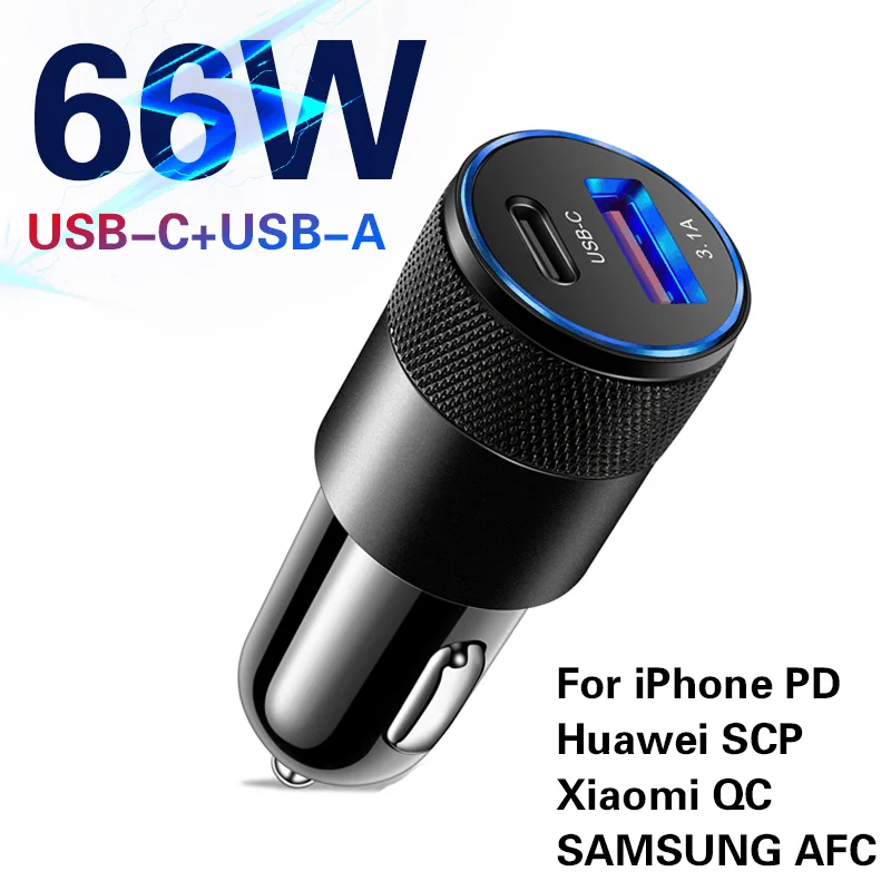 

USB C Car Charger 66W PD Fast Charging Phone Adapter Dual USB Quick Charge 3.0 for IPhone 13 12 Pro Max Xiaomi 12 Phone Charger