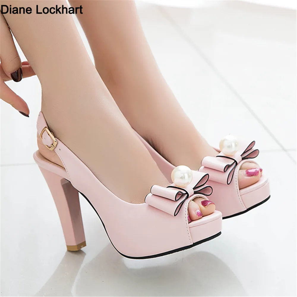 2023 Summer Women Platform High Heels Fashion Bow Peep Toe Slingbacks Ladies White Pink Black Bride Wedding Shoes Party Pumps