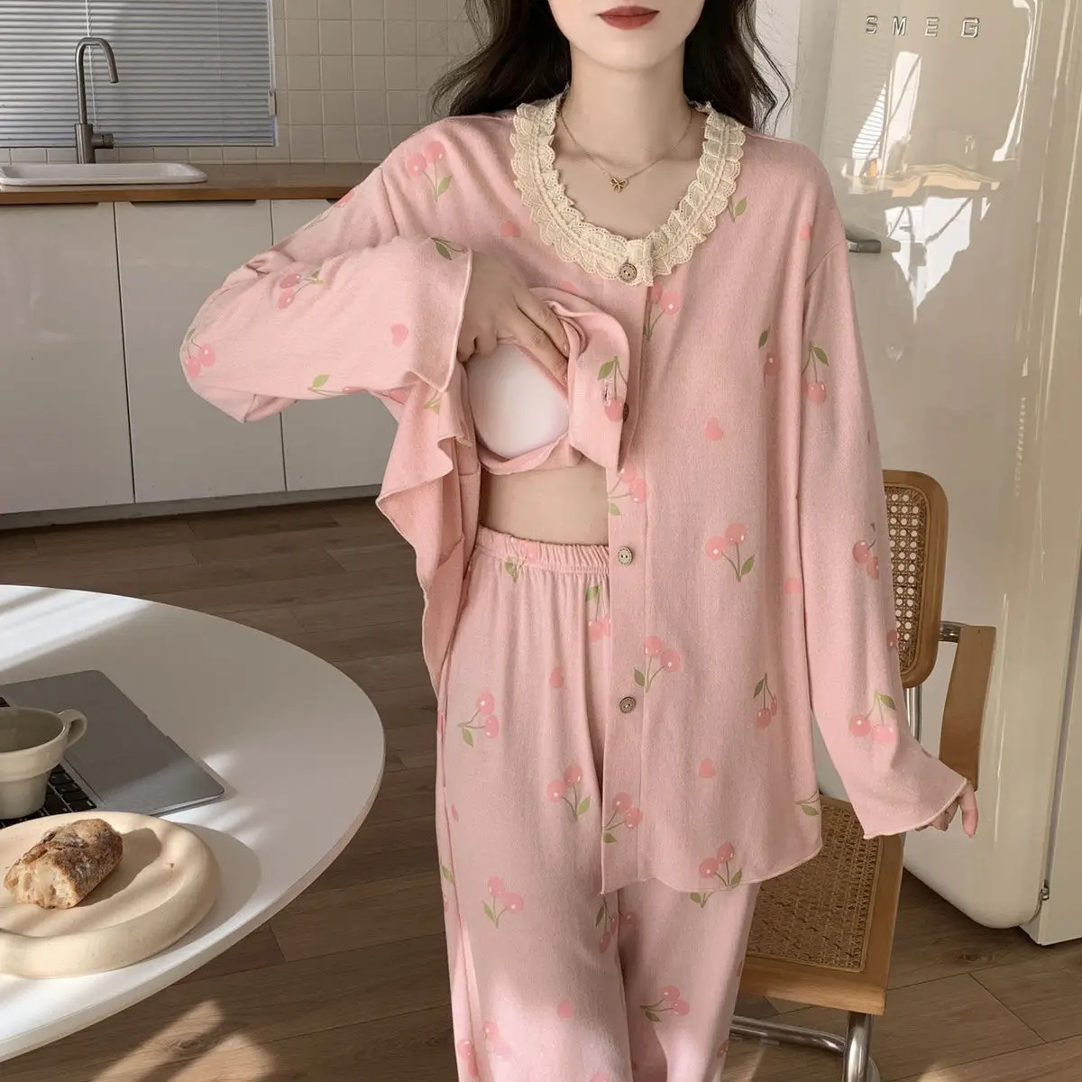 Весенне-осенняя модная женская повседневная милая розовая одежда для сна с