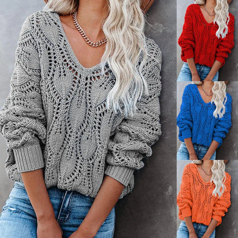 

2022 Spring New European and American sweater casual solid color hollow V-neck long sleeve knit pullover for women