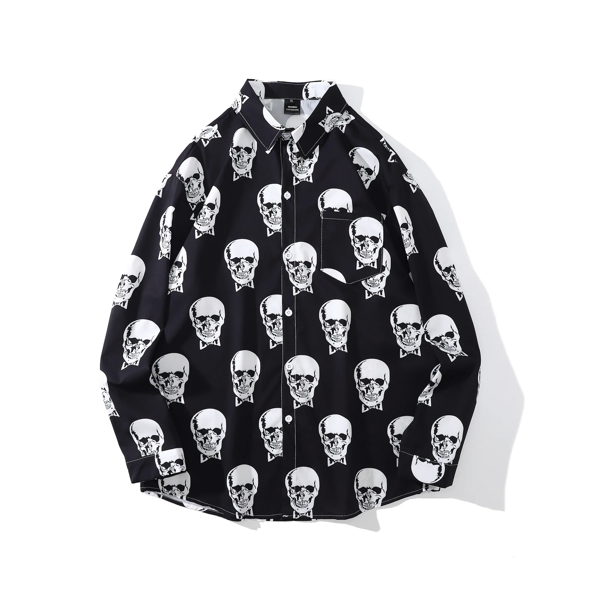 

Fashion Men Black Skull Print Hawaiian Shirt Men's Autumn Tide Brand Streetwear Spoof Loose Bf Long Sleeve Shirts Chemise Homme