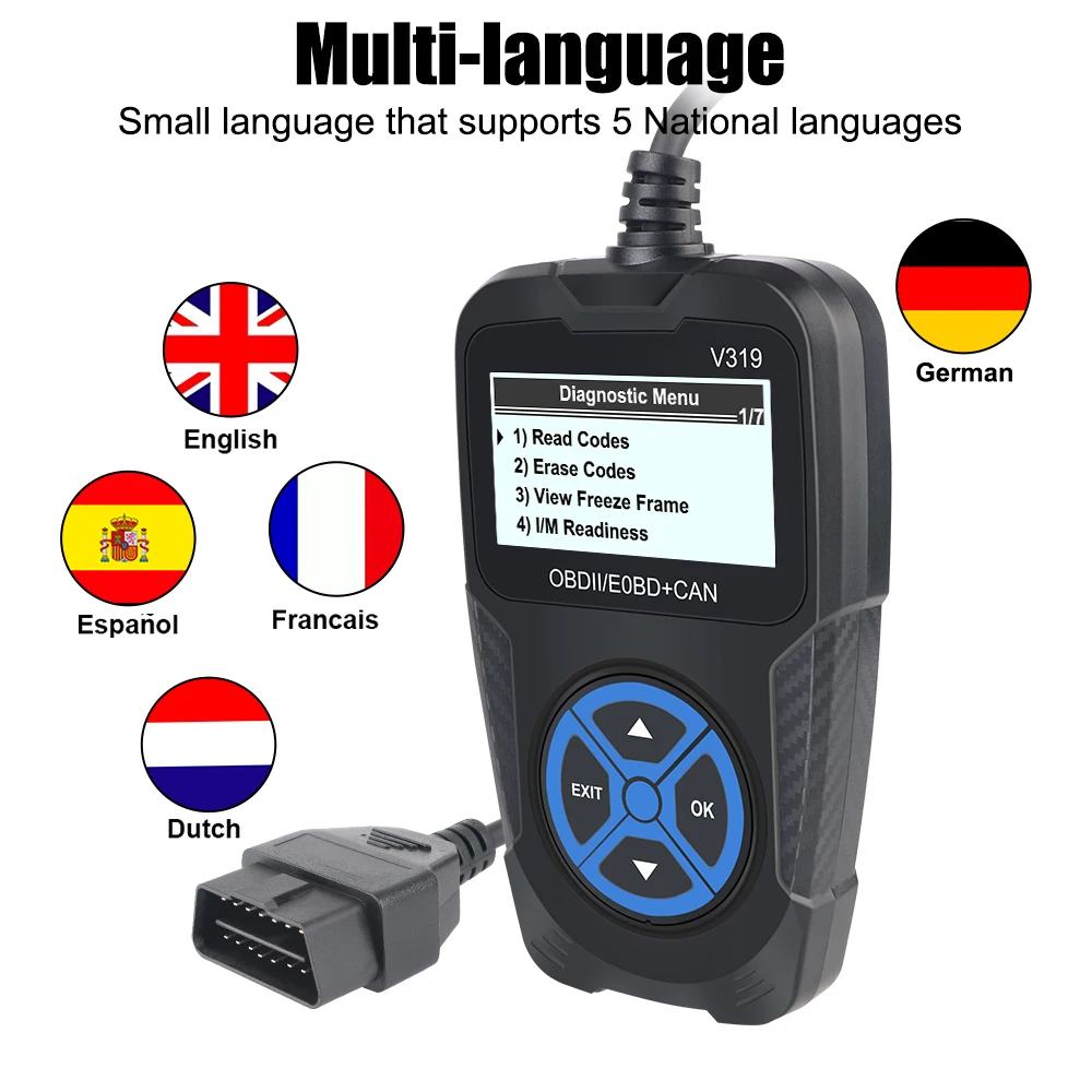 Фото Считыватель кодов OBD2, цифровой дисплей, сканер OBD 2, универсальные автомобильные аксессуары, диагностический инструмент двигателя V319, инструменты для диагностики автомобиля №2