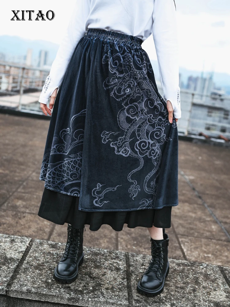 

XITAO High Waist Skirt Elastic Waist Split Vintage Goddess Fan 2022 Autumn Minority Loose Elegant Print Pattern Skirt WLD9355