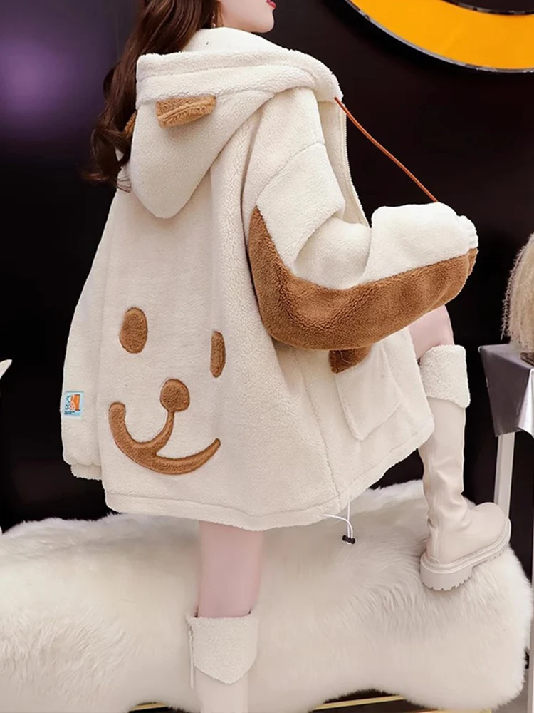 Lamb Wool Outerwear Women 2024 New Autumn and Winter Popular Loose High Sense Fleece-lined Thickened Hood Cotton-padded jacke...