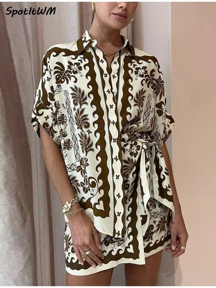 

High Waist Print Mini Pleated Skirts For Women 2 Piece Sets Summer Short Sleeve Single-breasted Shirt Lace Up Skirt Casual Suit