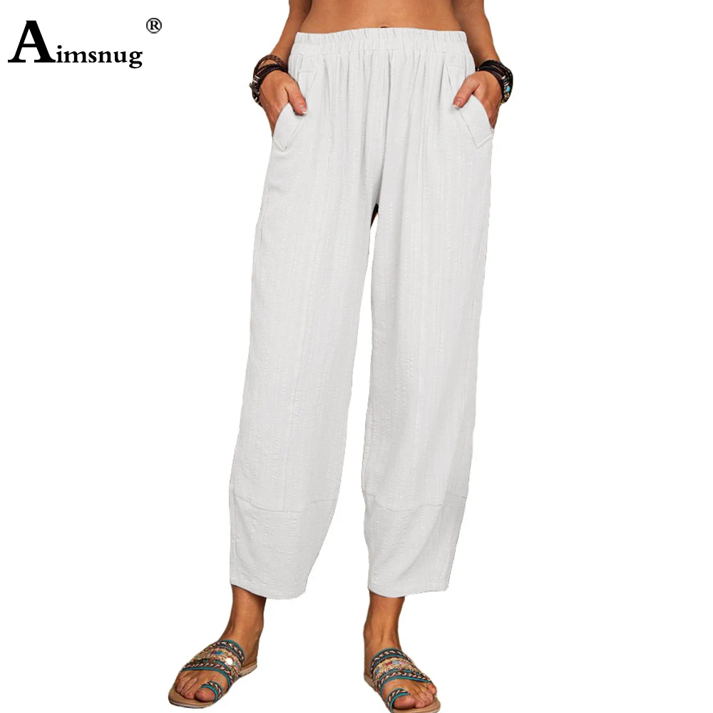 Women High Cut Linen Pants White Khaki Trouser 2022 Summer Elastic Waist Pocket Casual Loose Pantalon Female Ankle-Length Pants