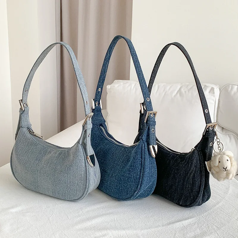 Simple Denim Blue Hobo Bag for Women Adjustable Strap Ladies Underarm Bag Small Half Moon Shoulder Handbag Summer New Feminina