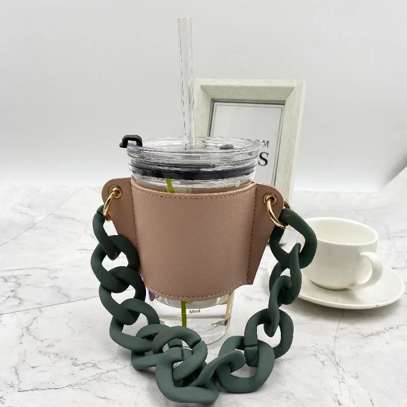 

350ml Chain Portable Coffee Cup Holder Hanging Portable Cup Paper Cup Leather Case Milk Tea Beverage Cup Bag