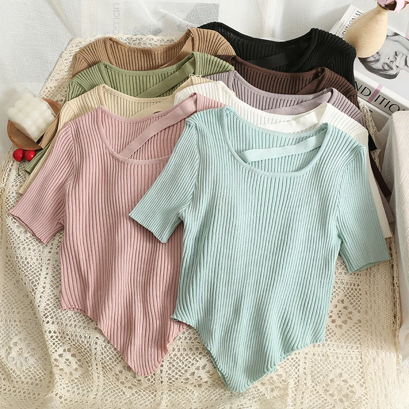 

Knit T-shirt for womens 2022 Korean slim and irregular low-neck T-shirt women's summer fashion tight short-sleeved knitted Tops