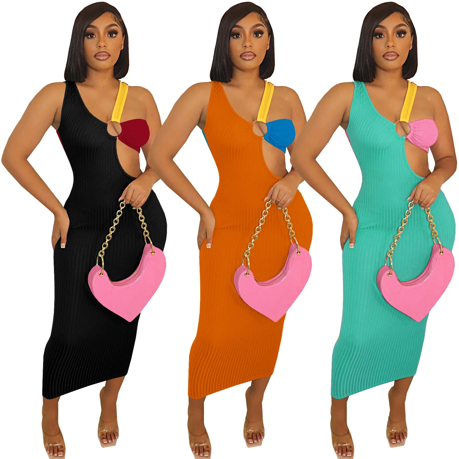 

Plus Size 2022 Summer Vacation Outfits Womens Ribbed Sundresses Stitching Hollow Out Sexy Sleeveless One Piece Maxi Dress