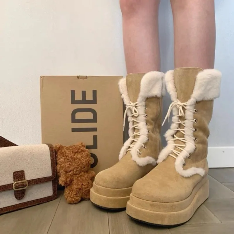 Женские ботинки до середины икры с перекрестной завязкой