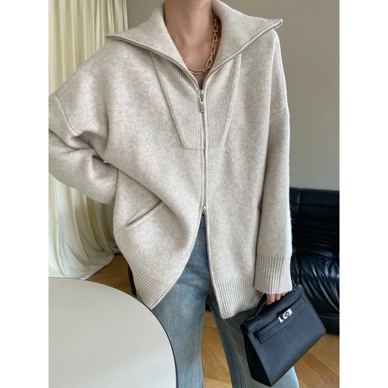 Свободный вязаный кардиган с двойной молнией и воротником-поло большого размера