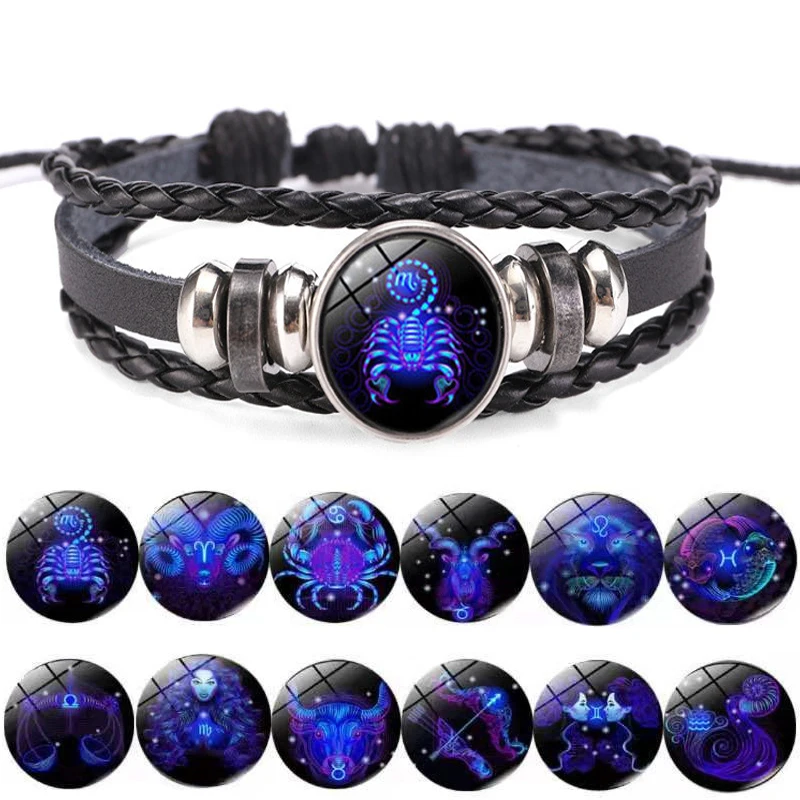 

12 Constellation Zodiac Sign Charm Luminous Bracelets Men Women Vintage Multilayer Wrap Leather Bracelet & Bangle Birthday Gift
