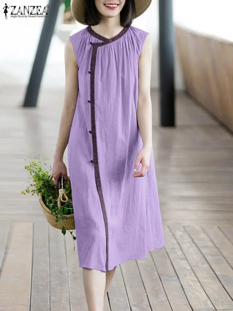 

ZANZEA Casual Pleats Long Vestido Elegant Color Block Midi Dresses Sexy Sleeveless Retro 2023 New Fashion Side Opening Sundress