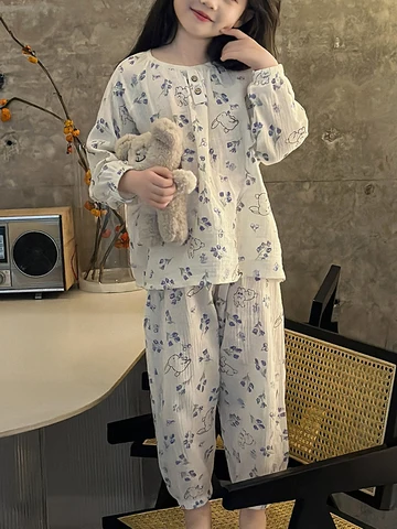 Пижамный комплект для маленьких девочек, комплект нижнего белья с мультяшным принтом для малышей, весна-осень 2024, детская повседневная одежда для сна от 1 до 8 лет