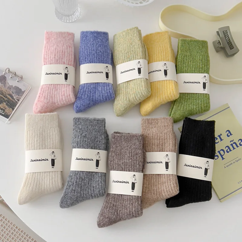 

Women Wool Thickened Socks Japanese Cute Solid Color Warm Kawaii Medium Tube Socks For Girls Sweet in Winter Calcetines