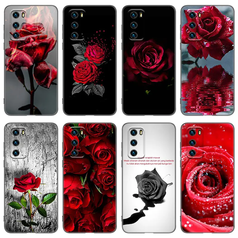 Red Rose Flowers Phone Case For Huawei P8 P9 P10 P20 P30 P40 Lite 2017 P50 P Smart Pro Z S 2018 2019 2020 2021 Soft Black Cover