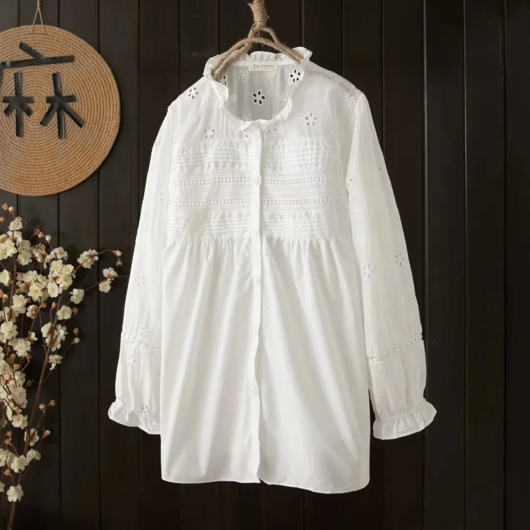 Новые осенние хлопковые однотонные рубашки со складками женские открытые топы с