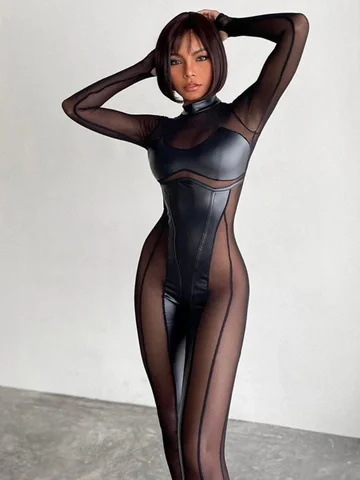BOOFEENAA черный сетчатый прозрачный Облегающий комбинезон для женщин 2023 сексуальные Клубные наряды готический панк черный слитный Techwear
