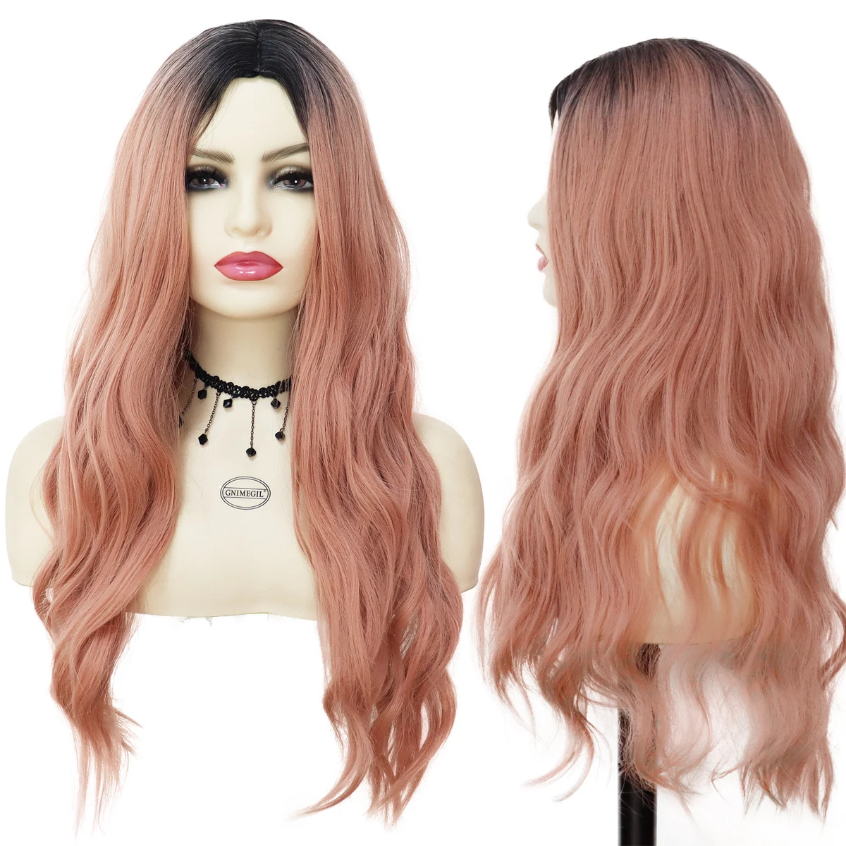 

GNIMEGIL Synthetic Long Hair Wigs for White Women Ombre Pink Wig with Dark Roots Natural Pre-plucked Hairline Wig for Girl Party