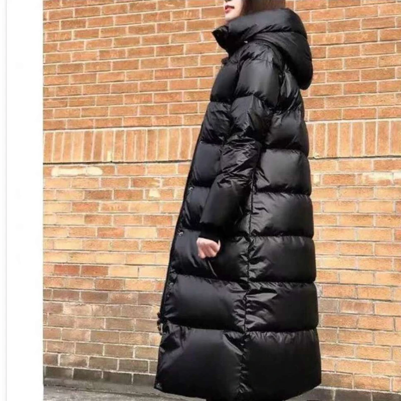 New Winter Long Cotton Coat for Women Bright Black Fashion Down Cotton Coat Knee Length Thickened Warm Loose Woman Cotton Coats