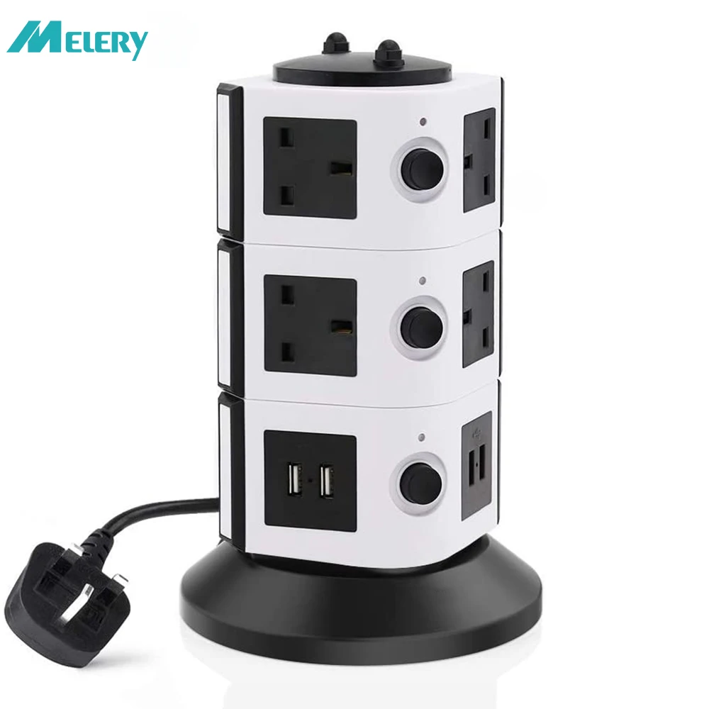 

Vertical Power Strip Multiple Surge Protector Extension Socket Individually Switched Plug Outlet USB Charging Station 2m Cable