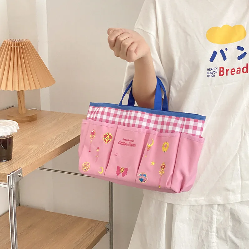 Bolsa de almuerzo de lona con dibujos animados para mujer, bolso de mano a cuadros coreano, fiambrera portátil para niños, bolsa bonita para comida de Picnic