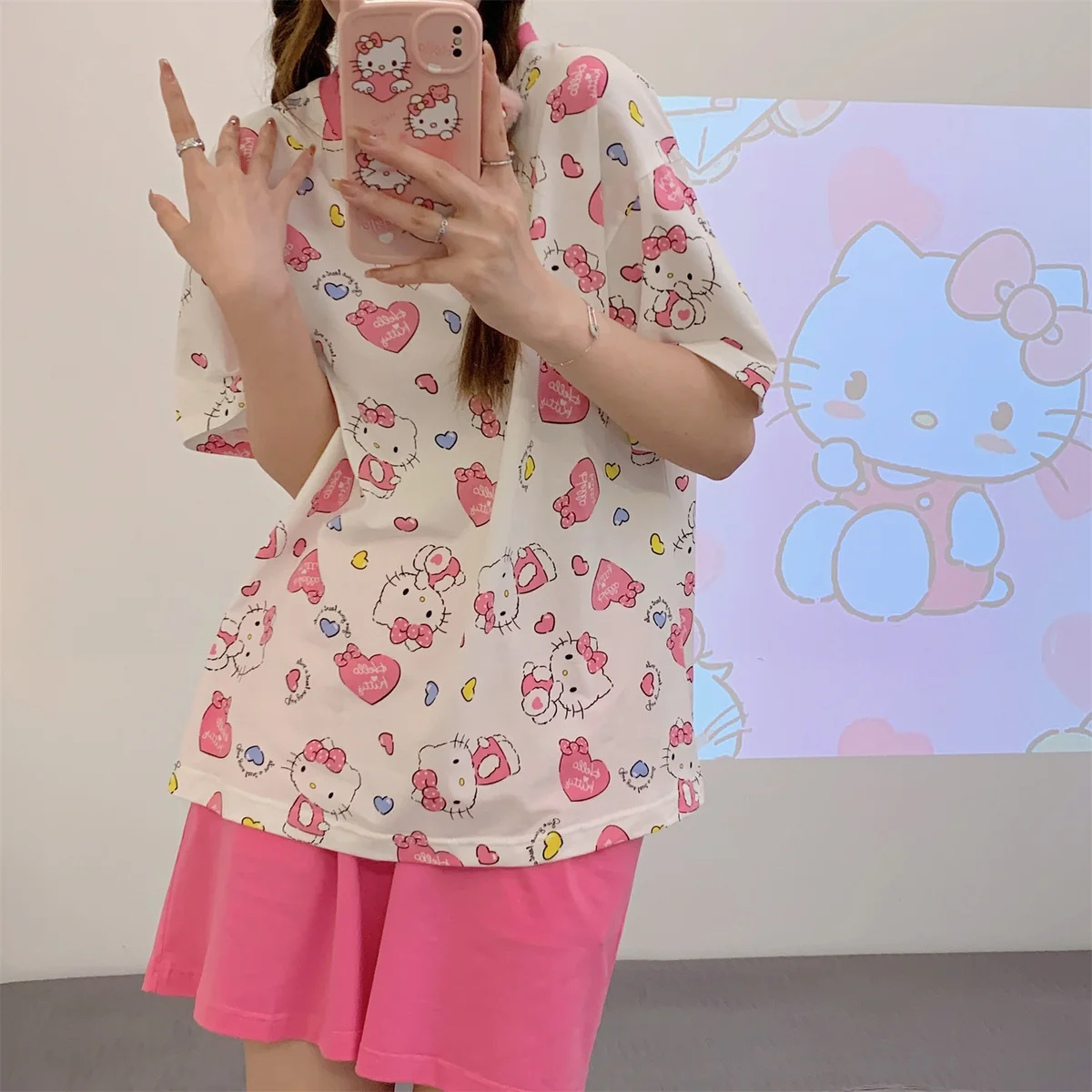 

Летняя пижама для девочек Hollekitty Sanrio Kawaii, женские тонкие шорты с коротким рукавом, Повседневная Милая домашняя одежда для студентов